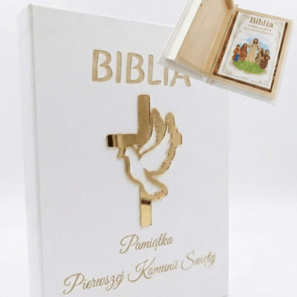 Biblia w pudełku na Pierwszą Komunię Świętą złota pleksi gołabek krzyż